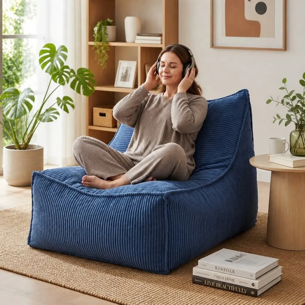 Bean Bag Chair Cover with Filler Soft Corduroy L-Shaped Lounger Sofa for Living