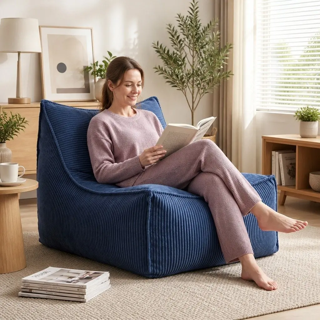 Bean Bag Chair Cover with Filler Soft Corduroy L-Shaped Lounger Sofa for Living