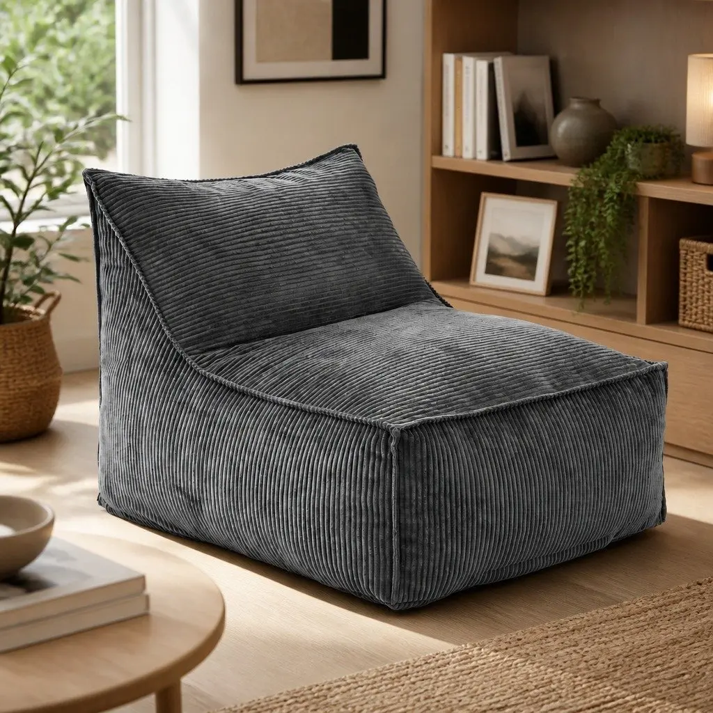 Bean Bag Chair Cover with Filler L-Shaped Corduroy Soft Foam Storage Lounge Seat