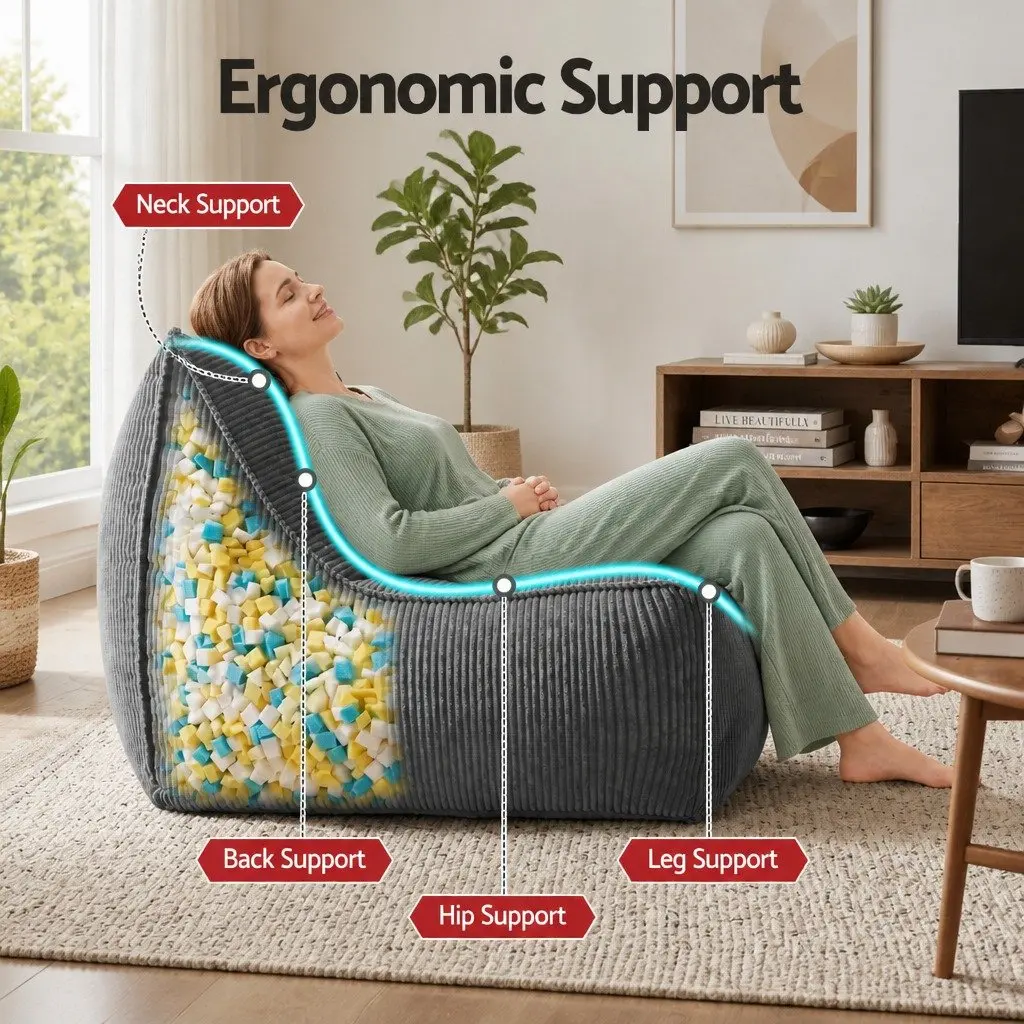Bean Bag Chair Cover with Filler L-Shaped Corduroy Soft Foam Storage Lounge Seat