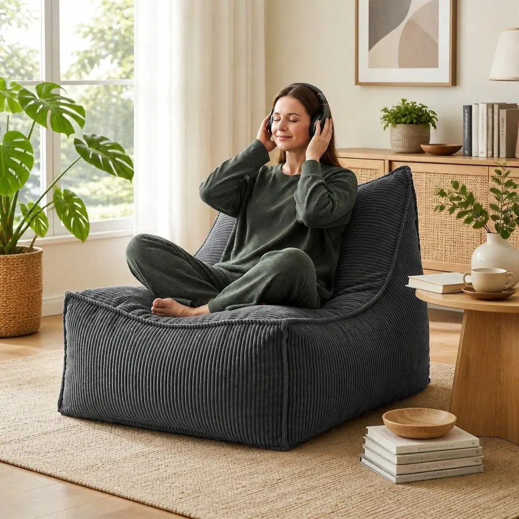 Bean Bag Chair Cover with Filler L-Shaped Corduroy Soft Foam Storage Lounge Seat