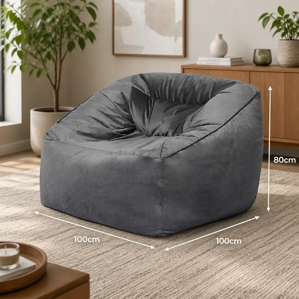 Soft Velvet Bean Bag Chair Cover Dark Grey 100x100x80cm