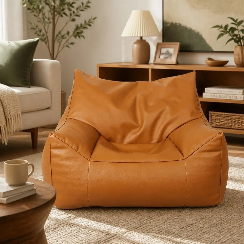 Bean Bag Chair Cover Brown PU Leather Indoor Easy Fill Zipper 90cm x 80cm x 75cm