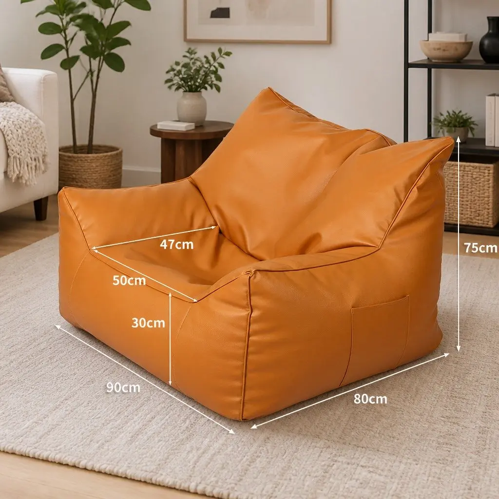 Bean Bag Chair Cover Brown PU Leather Indoor Easy Fill Zipper 90cm x 80cm x 75cm