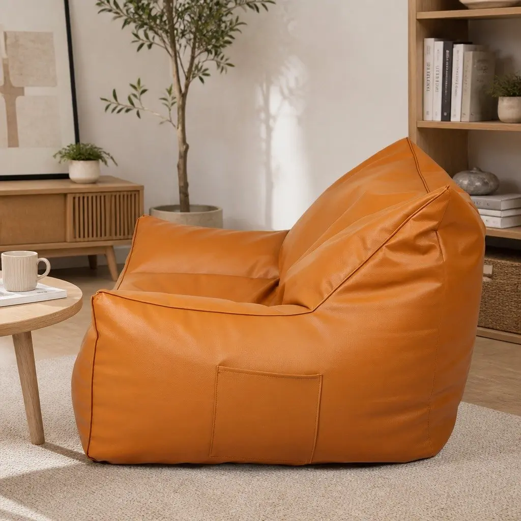 Bean Bag Chair Cover Brown PU Leather Indoor Easy Fill Zipper 90cm x 80cm x 75cm