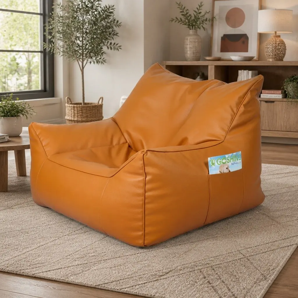 Bean Bag Chair Cover Brown PU Leather Indoor Easy Fill Zipper 90cm x 80cm x 75cm