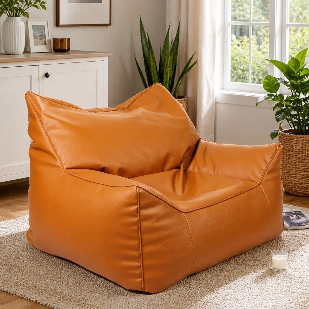 Bean Bag Chair Cover Brown PU Leather Indoor Easy Fill Zipper 90cm x 80cm x 75cm