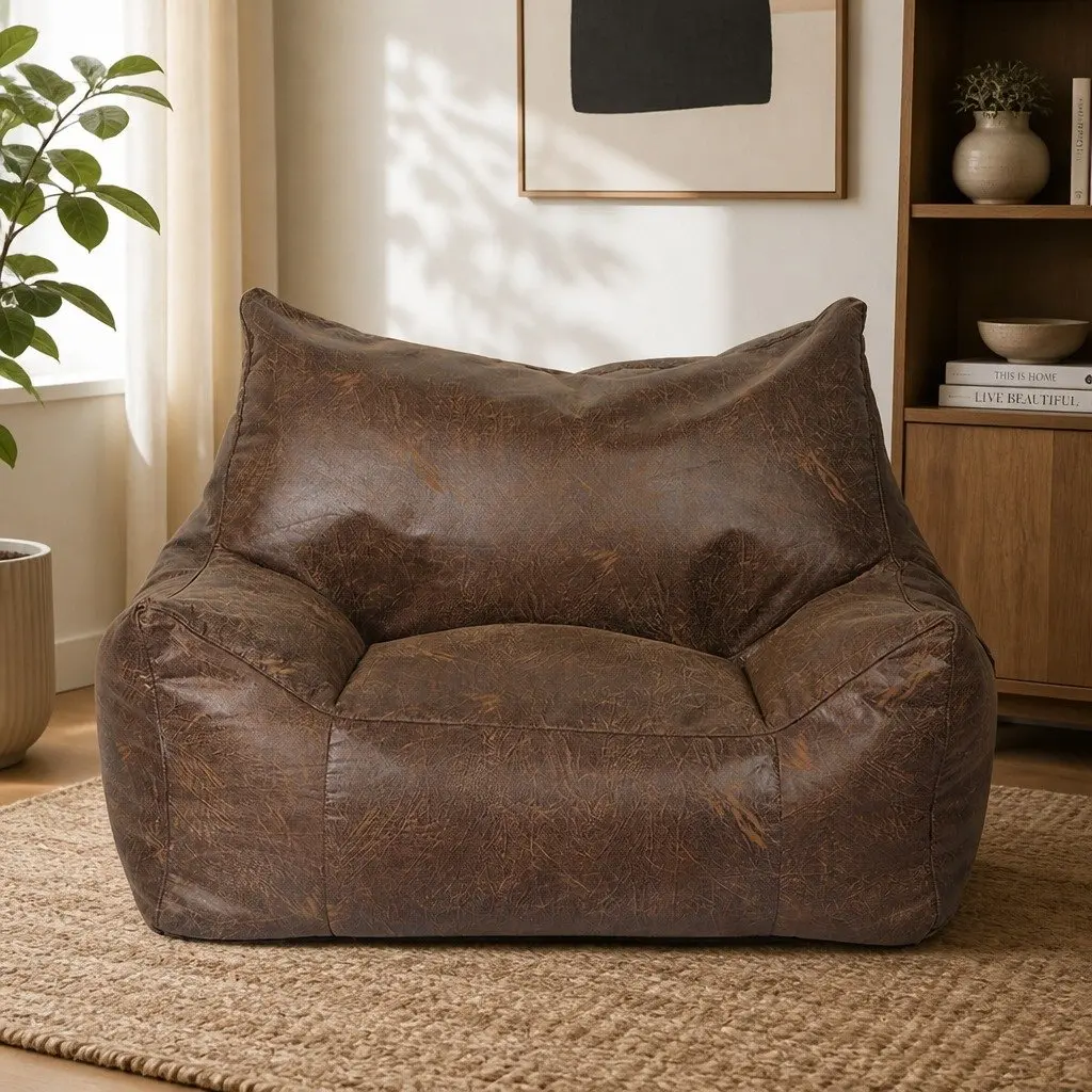 Dark Brown PU Leather Bean Bag Chair Cover