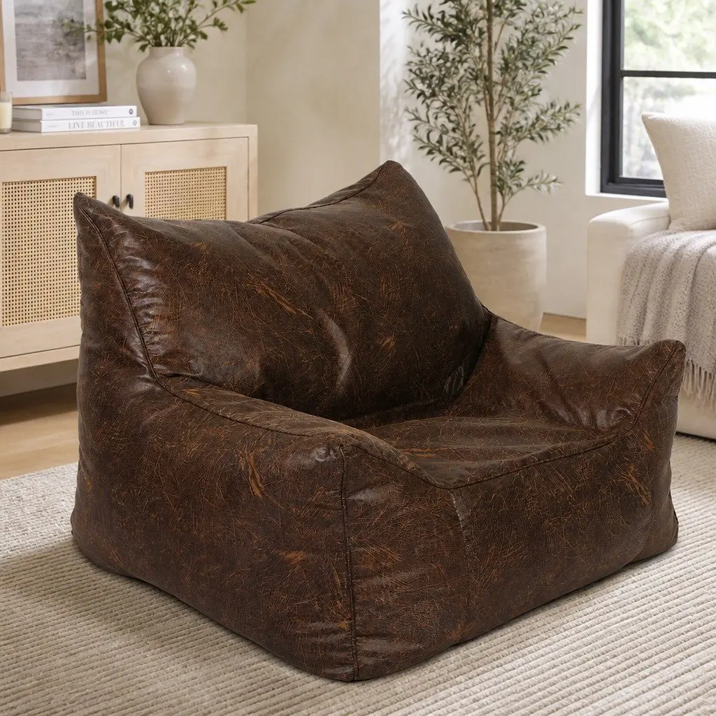 Dark Brown PU Leather Bean Bag Chair Cover