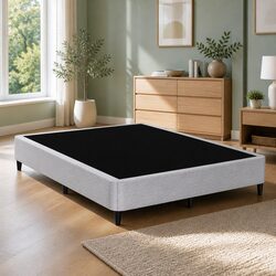Metal Grey Upholstered Double Bed Frame with Slat Support