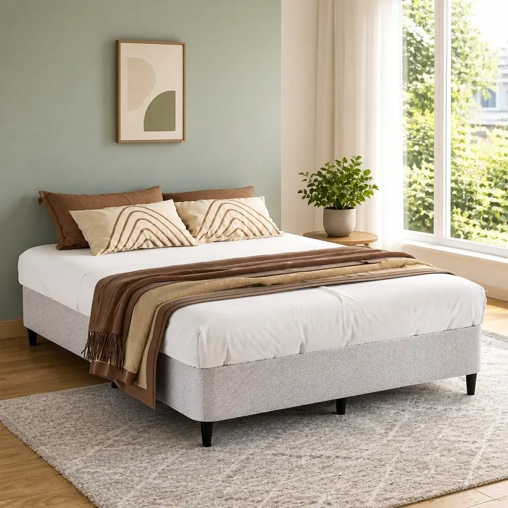 Metal Grey Upholstered Double Bed Frame with Slat Support