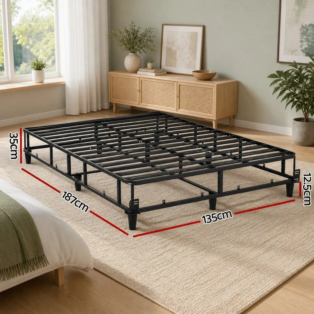 Metal Grey Upholstered Double Bed Frame with Slat Support