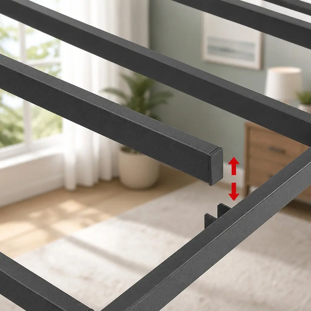 Metal Grey Upholstered Double Bed Frame with Slat Support