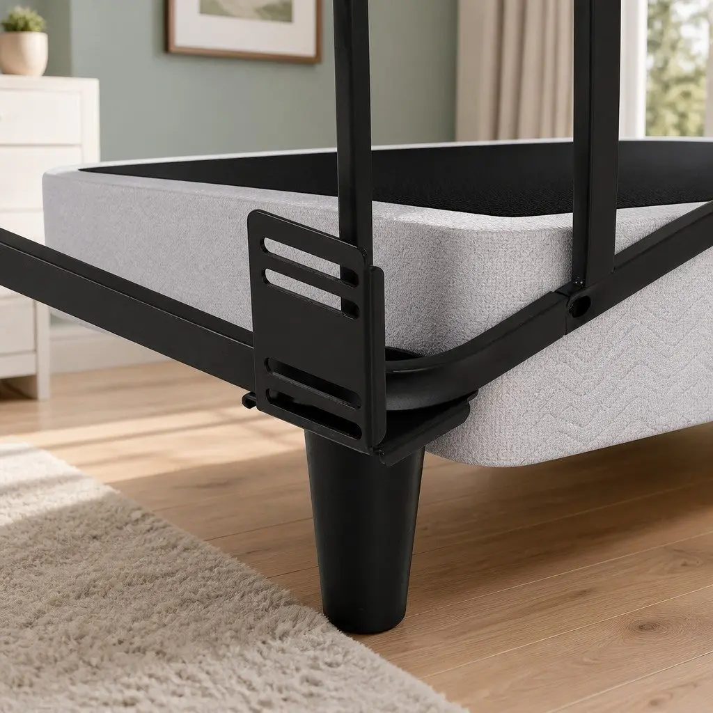 Metal Grey Upholstered Double Bed Frame with Slat Support