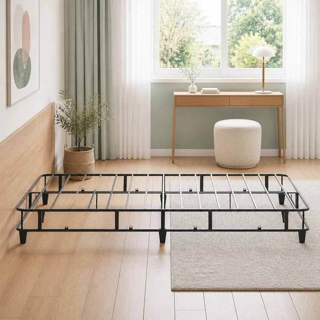 Metal Grey Upholstered Double Bed Frame with Slat Support