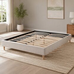 Beige Upholstered Double Bed Frame with Wooden Slats