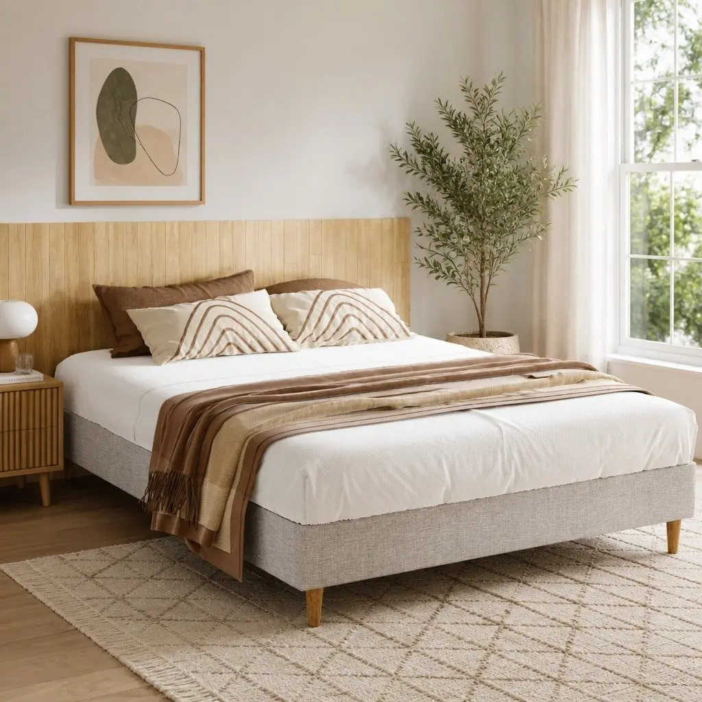 Queen Size Bed Frame Upholstered Beige Solid Wood Wooden Slat Base