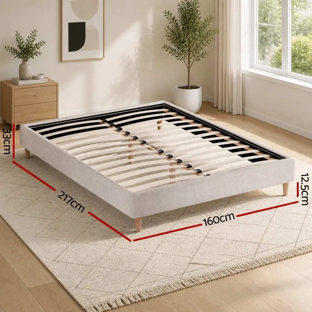 Queen Size Bed Frame Upholstered Beige Solid Wood Wooden Slat Base