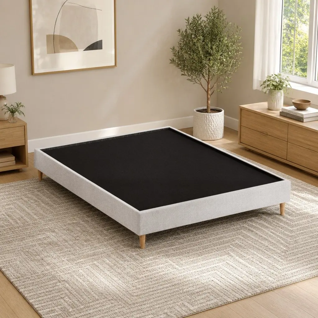 Queen Size Bed Frame Upholstered Beige Solid Wood Wooden Slat Base