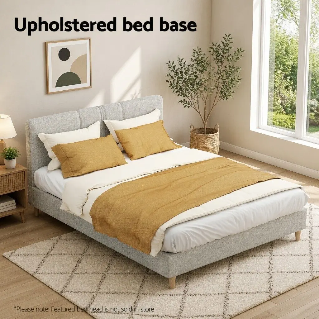 Queen Size Bed Frame Upholstered Beige Solid Wood Wooden Slat Base