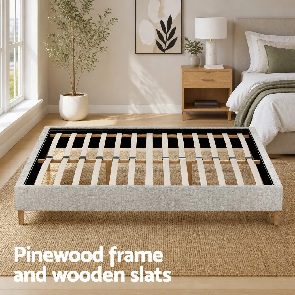 Queen Size Bed Frame Upholstered Beige Solid Wood Wooden Slat Base