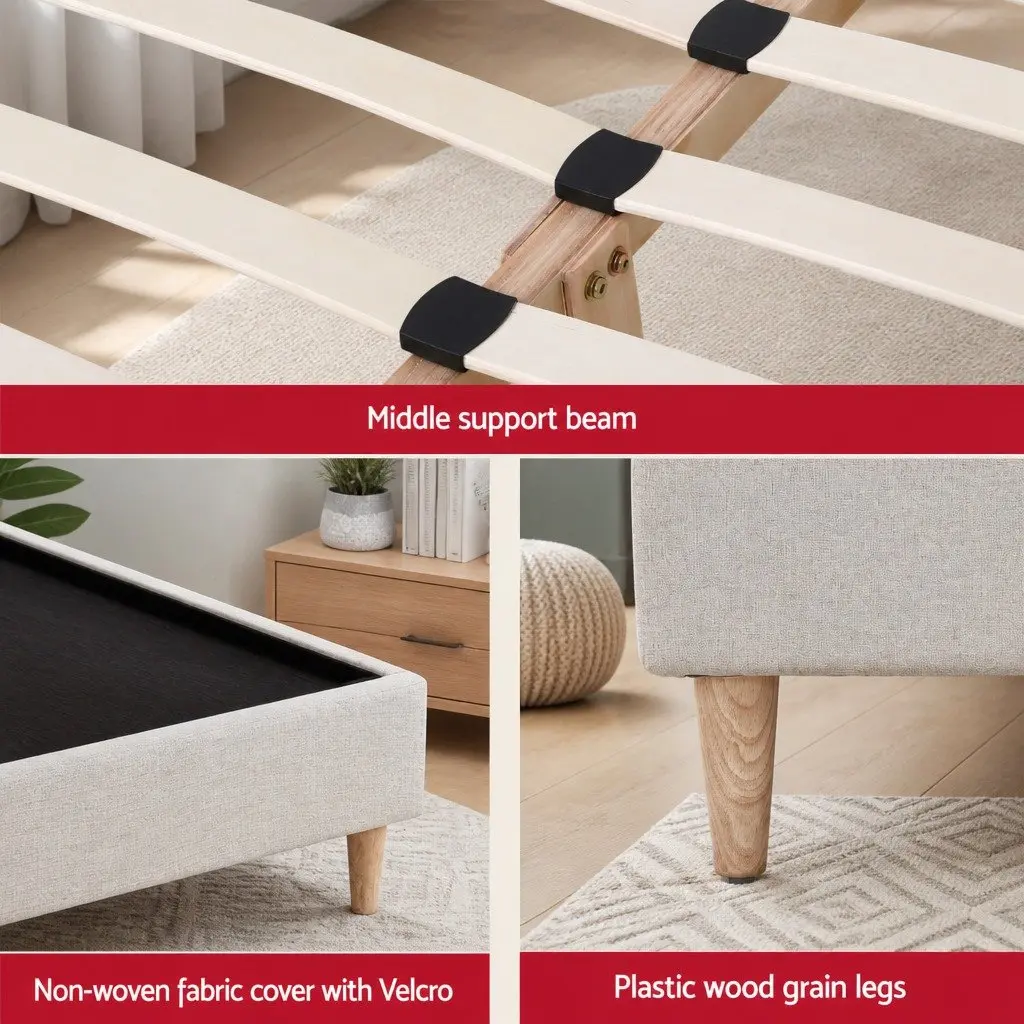 Queen Size Bed Frame Upholstered Beige Solid Wood Wooden Slat Base