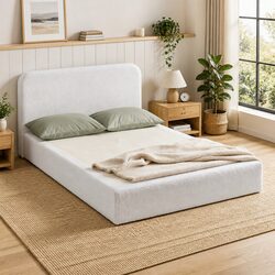 Queen Size Compression Bed Frame in White Boucle