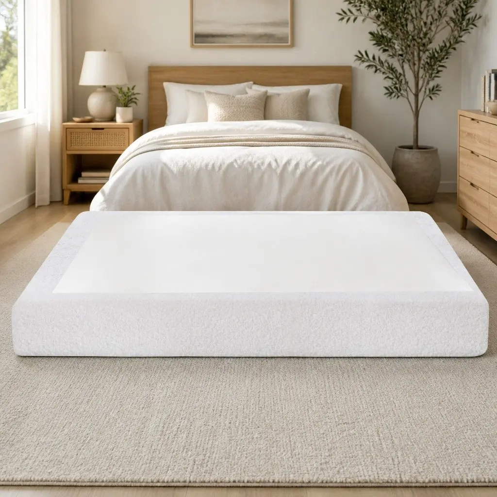 Queen Size Compression Bed Frame in White Boucle