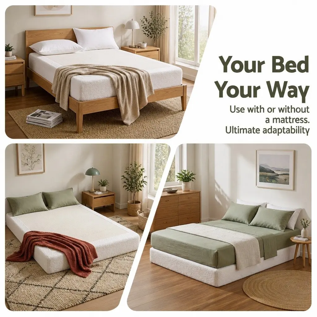 Queen Size Compression Bed Frame in White Boucle