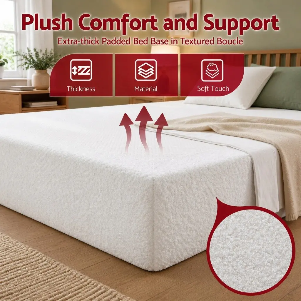 Queen Size Compression Bed Frame in White Boucle
