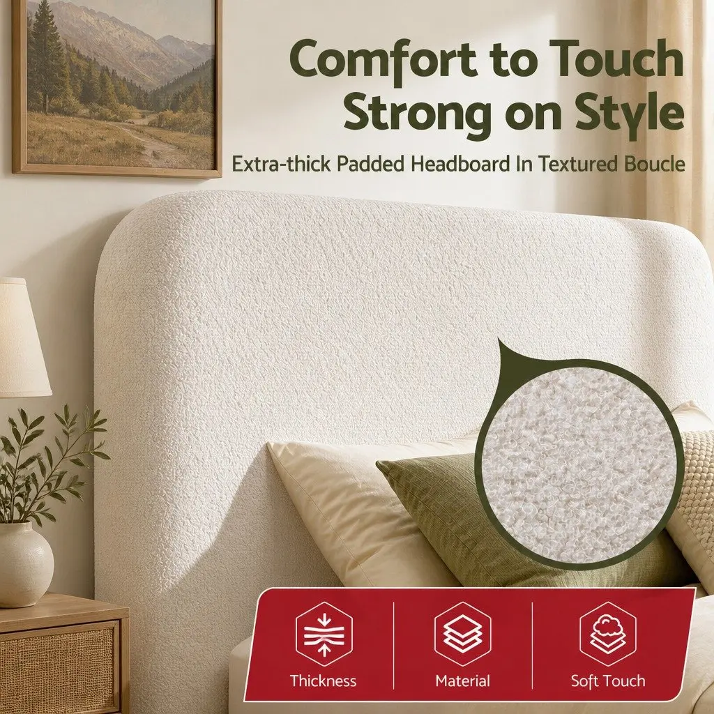 Double Headboard Bed Frame Boucle Fabric 155W x 99H x 11.8T cm Removable Washable Cover