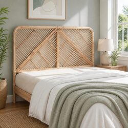 Natural Pine Double Bed Headboard with Rattan Design