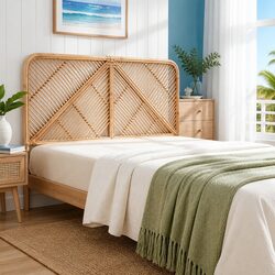 Natural Pine Rattan Queen Bed Headboard with Round Edges