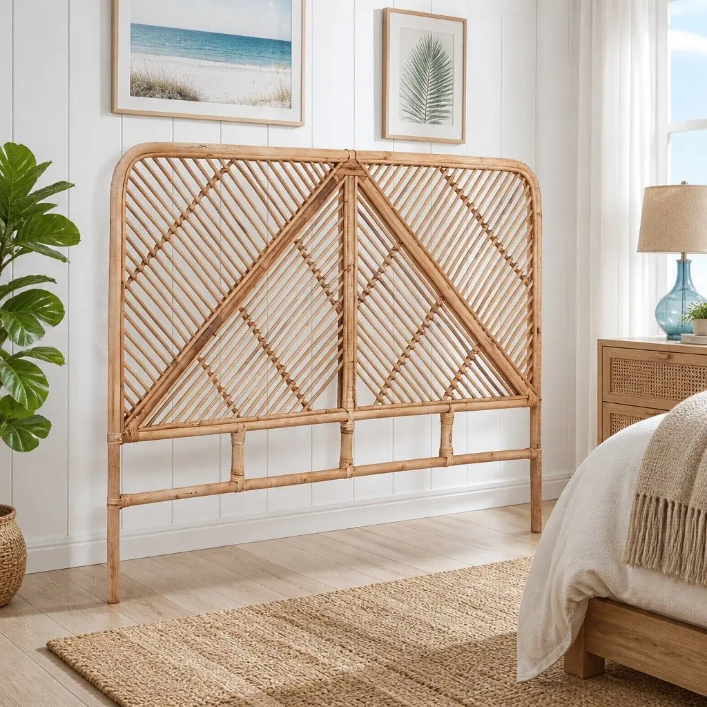 Queen Bed Headboard Rattan Natural Pine Bedroom Round Edge Rustic Boho