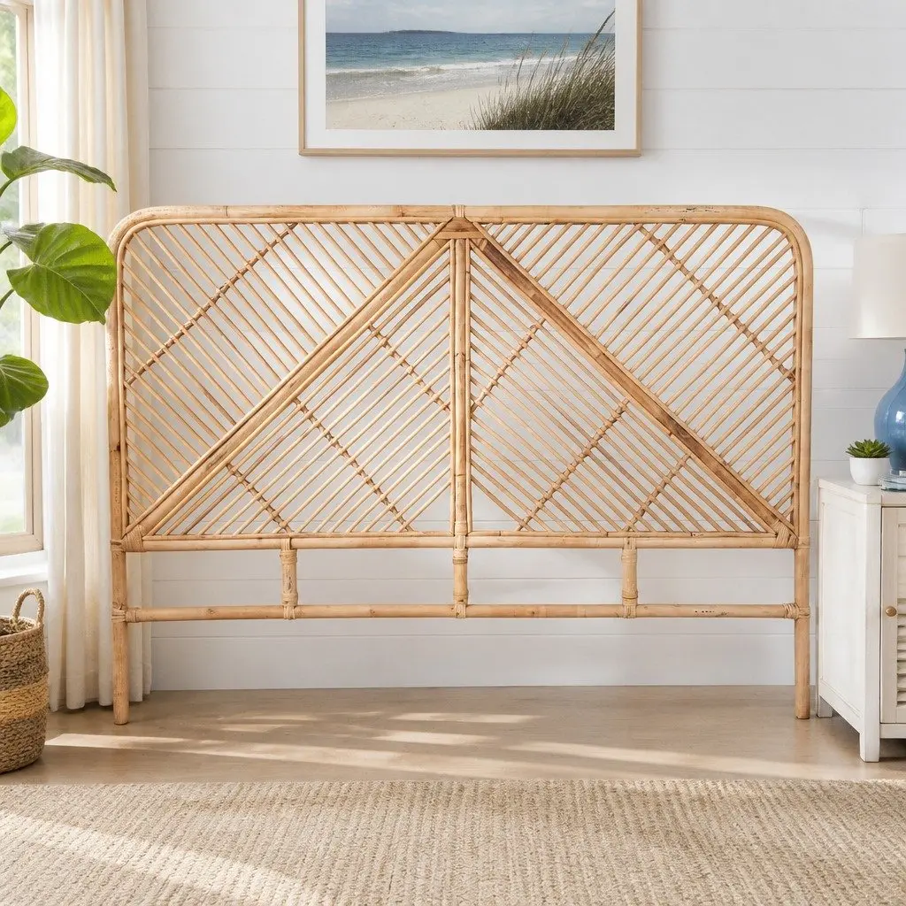Queen Bed Headboard Rattan Natural Pine Bedroom Round Edge Rustic Boho
