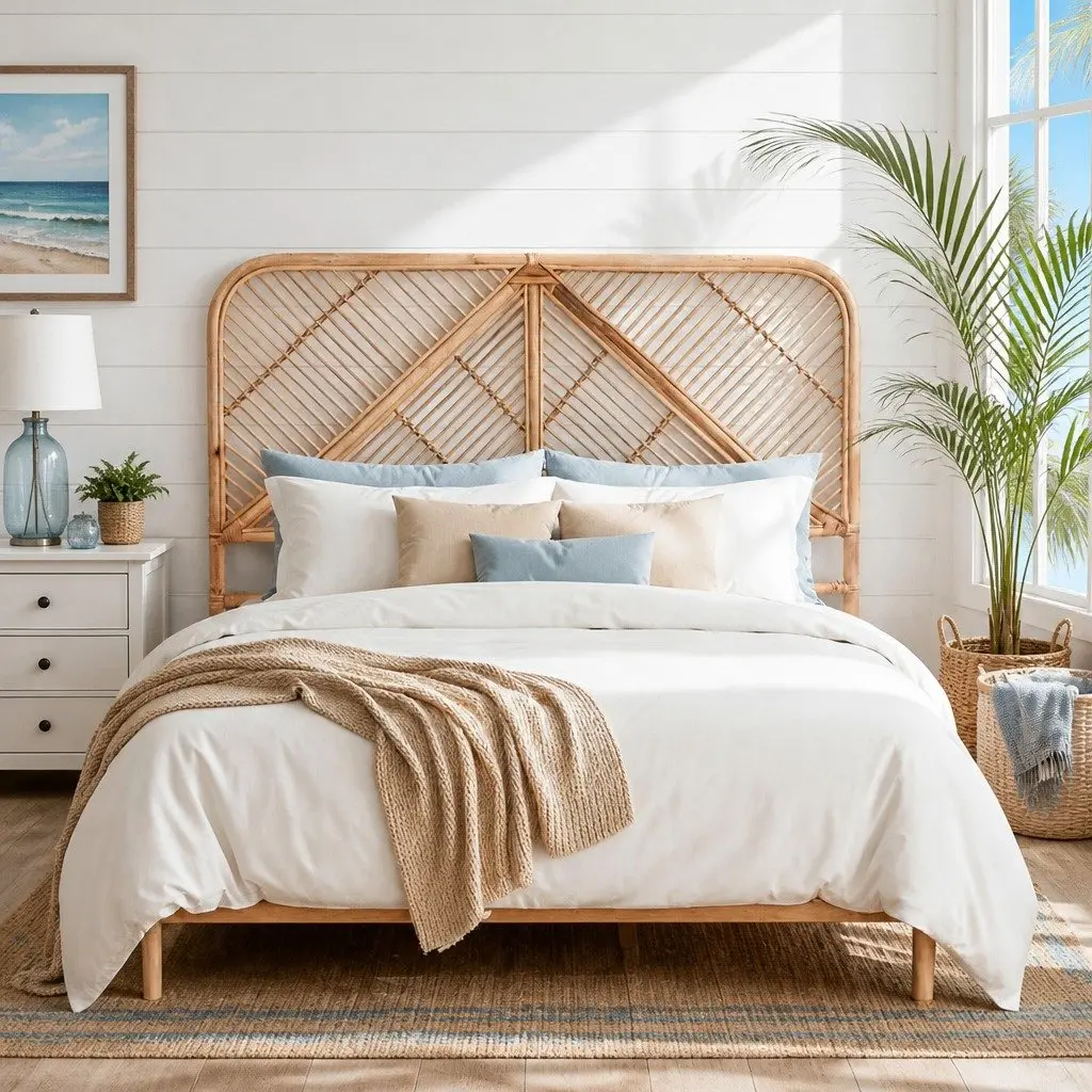 Queen Bed Headboard Rattan Natural Pine Bedroom Round Edge Rustic Boho