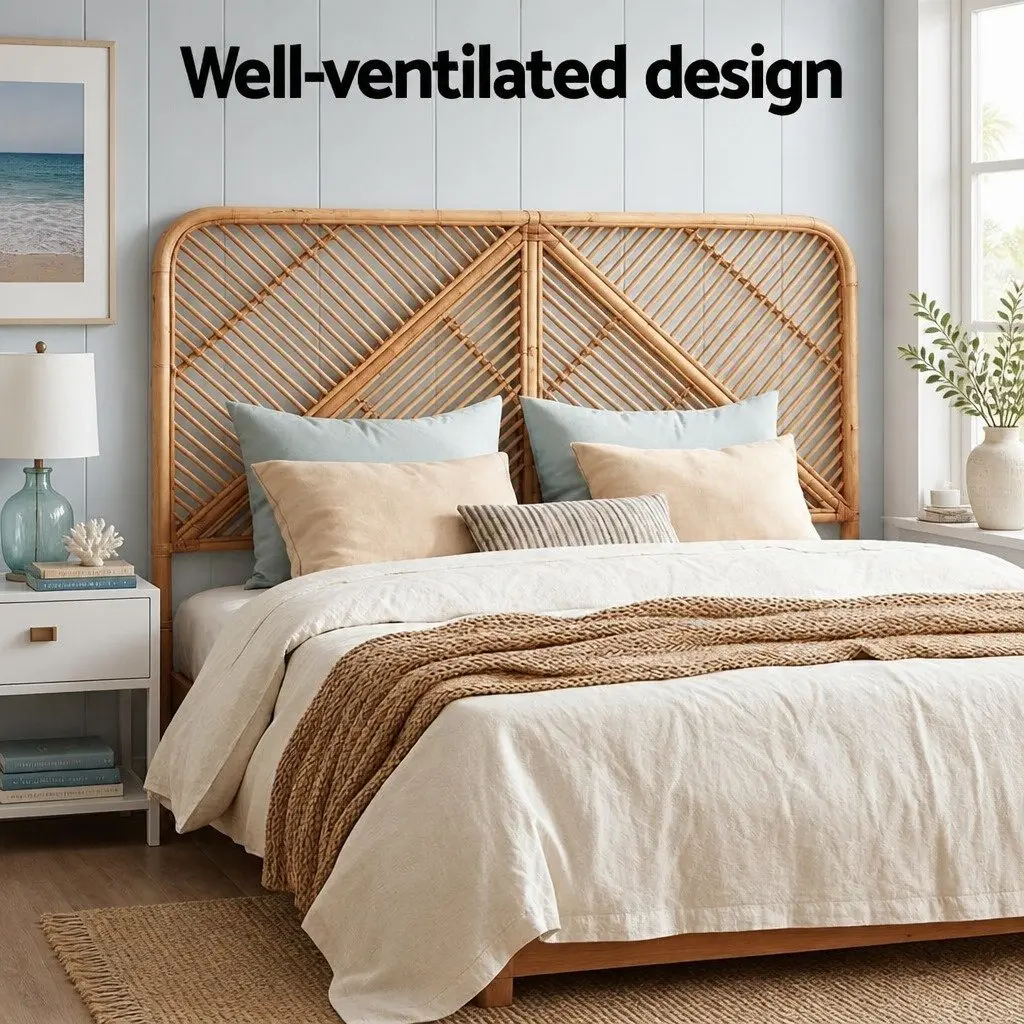Queen Bed Headboard Rattan Natural Pine Bedroom Round Edge Rustic Boho