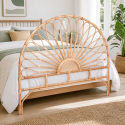 Natural Pine Double Bed Headboard with Rattan Design