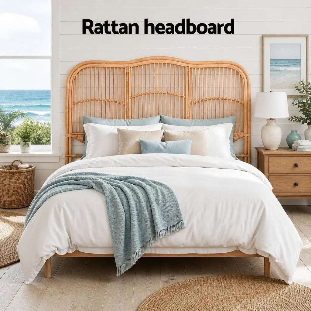 Double Bed Headboard Natural Pine Rattan 140cm Width 120cm Height Easy Maintenance