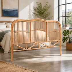 Natural Pine Queen Bed Headboard with Rattan Design