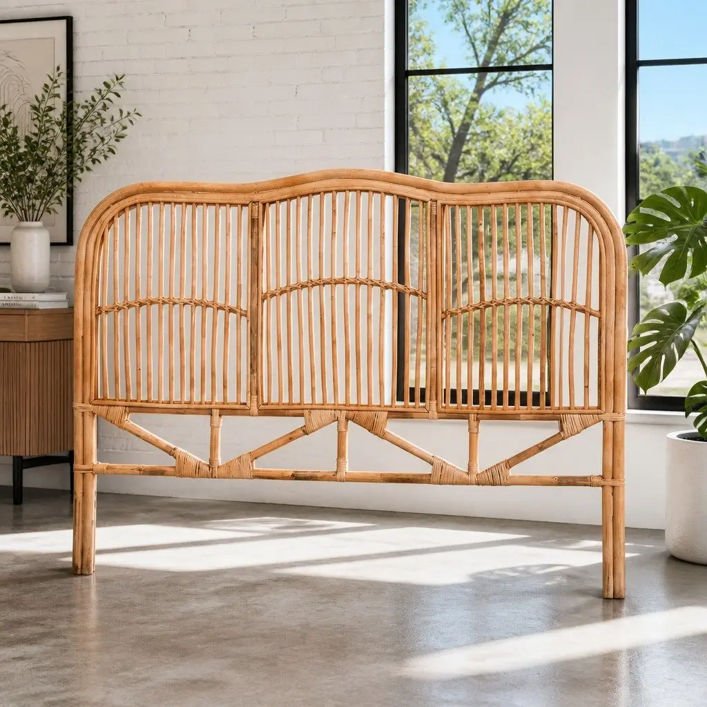 Queen Bed Headboard Rattan Natural Pine Bedroom Head Board Easy Assembly