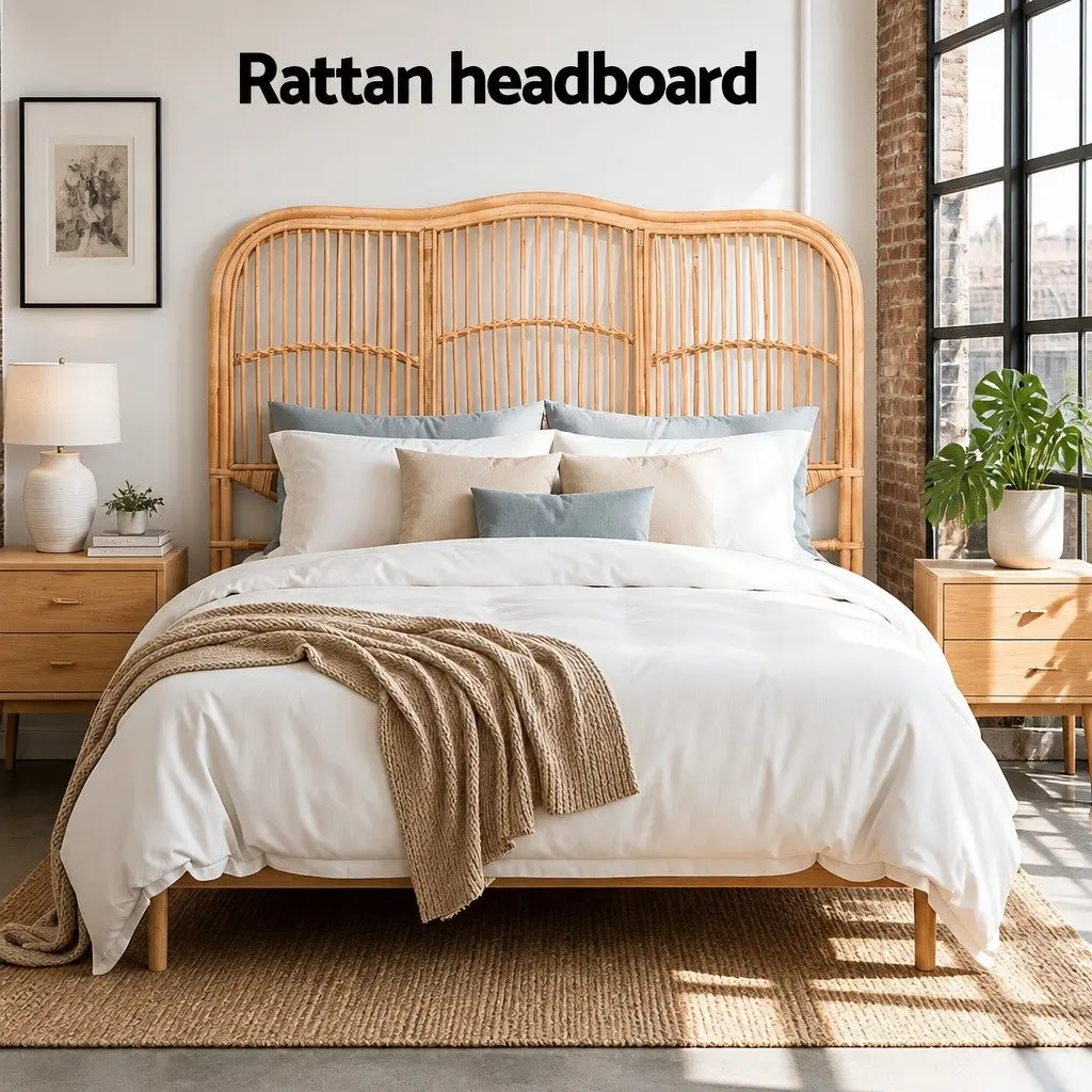 Queen Bed Headboard Rattan Natural Pine Bedroom Head Board Easy Assembly