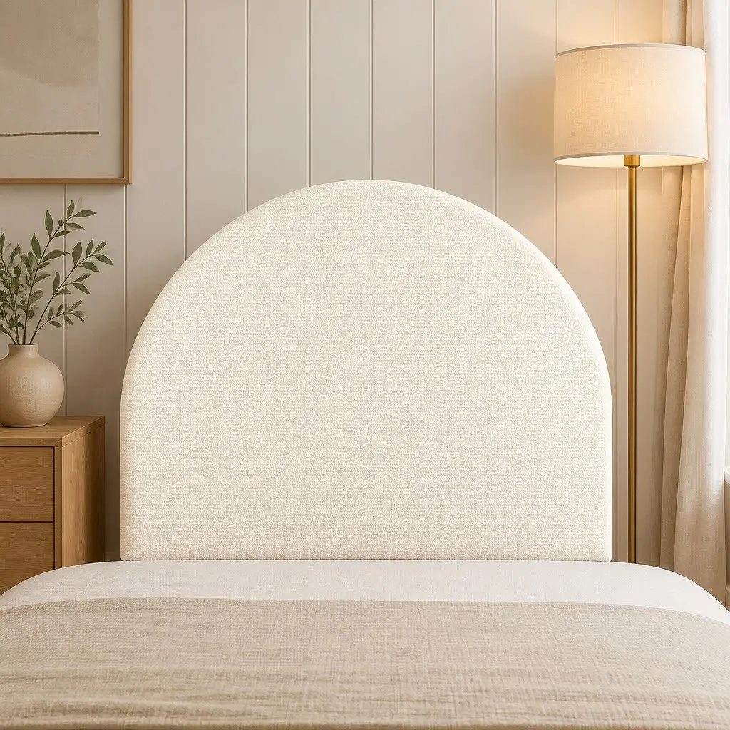 Double Bed Headboard White Arch Shape Boucle Fabric
