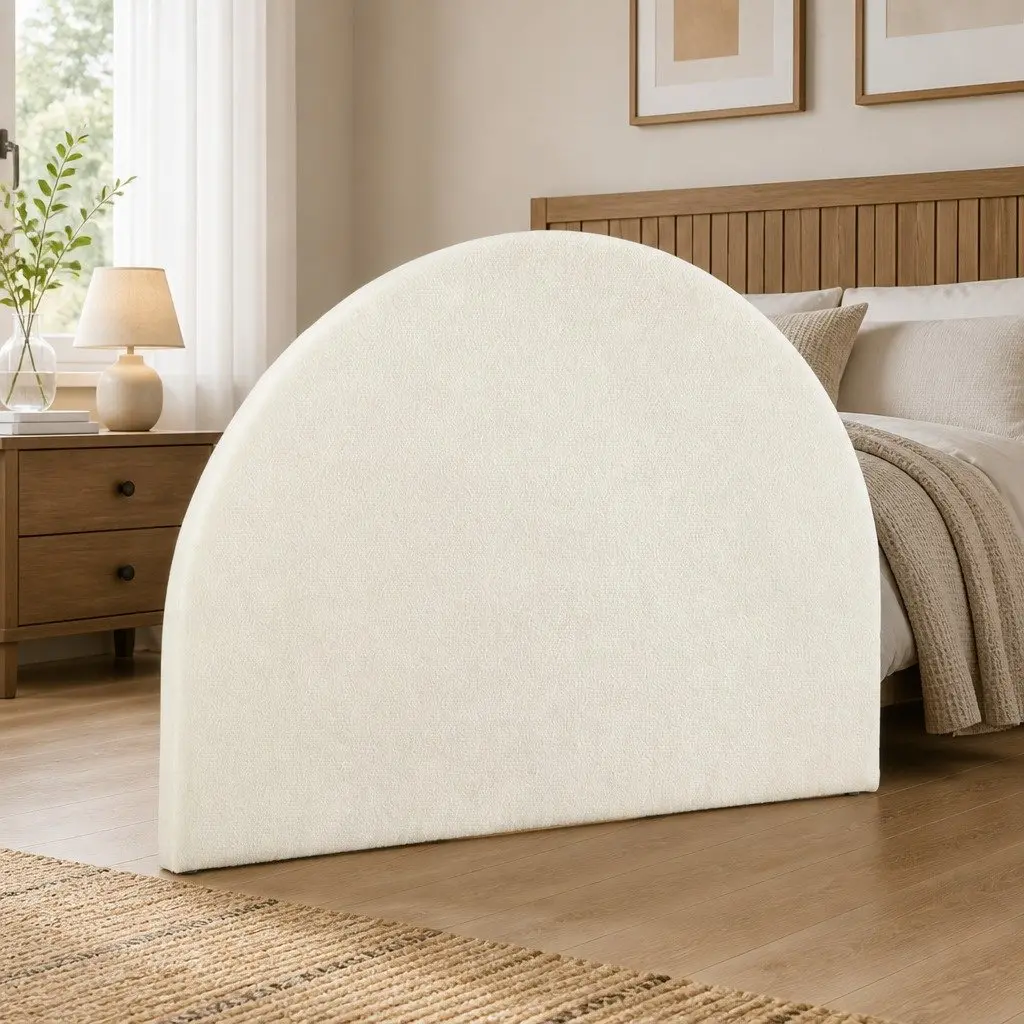 Double Bed Headboard White Arch Shape Boucle Fabric
