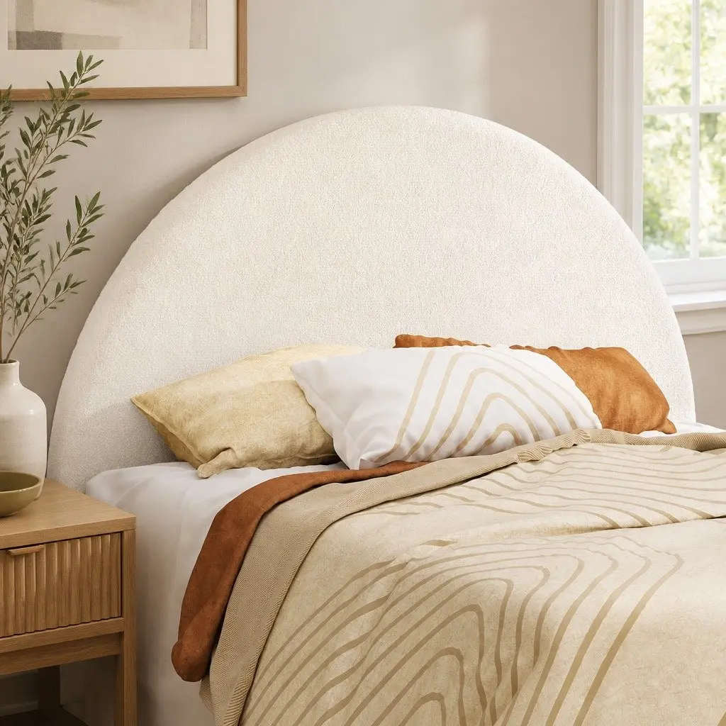Queen Bed Headboard in White Boucle Fabric