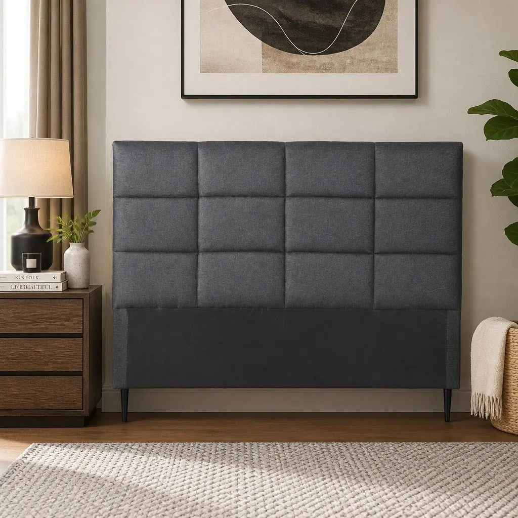 Charcoal Linen Fabric Double Bed Headboard with Tufting