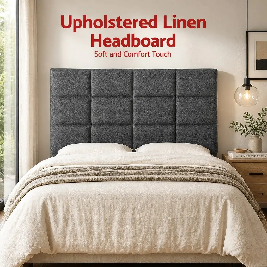 Charcoal Linen Fabric Double Bed Headboard with Tufting