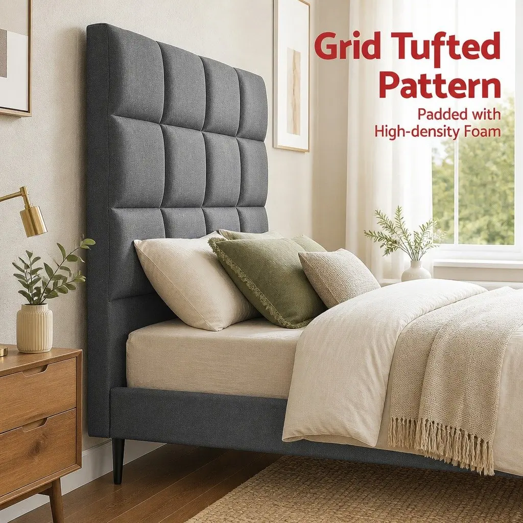 Charcoal Linen Fabric Double Bed Headboard with Tufting