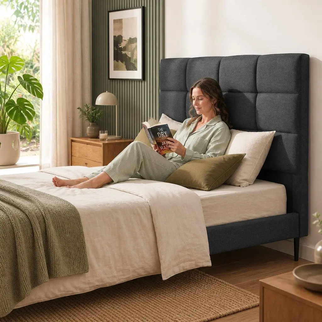 Charcoal Linen Fabric Double Bed Headboard with Tufting