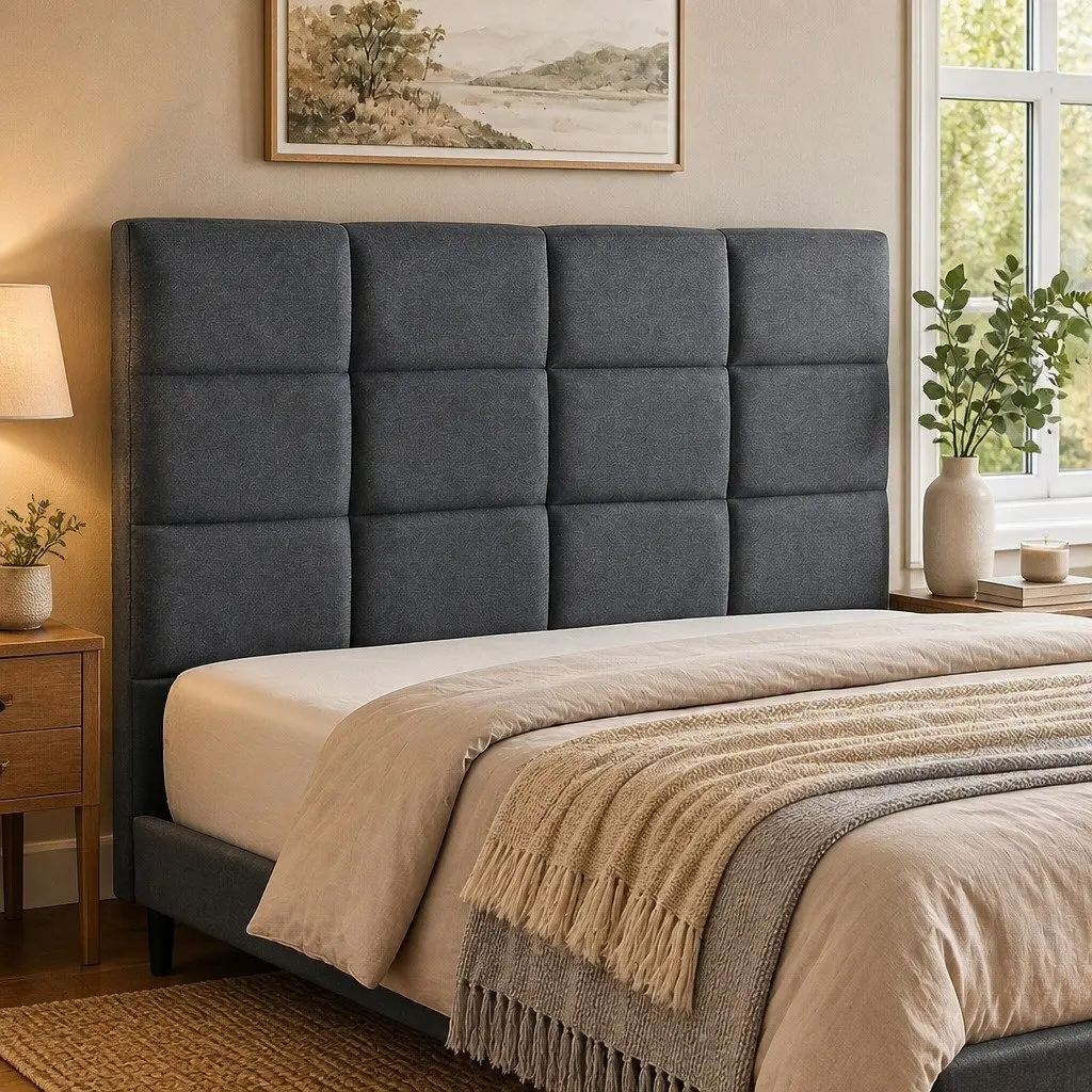 Charcoal Linen Fabric Double Bed Headboard with Tufting
